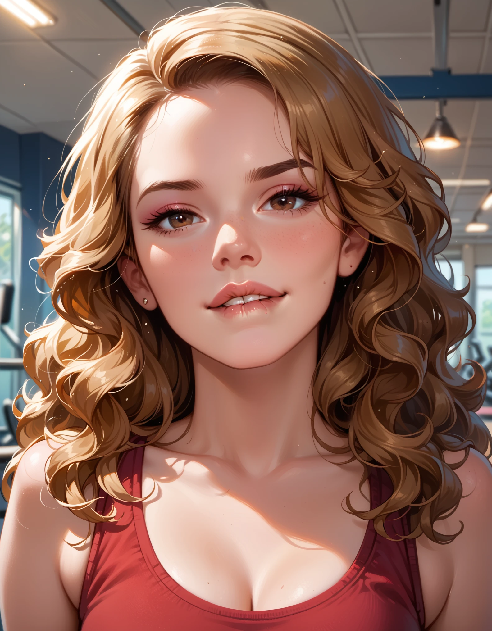 score_9, score_8_up, score_7_up, rating_questionable, epiCPhoto, 1girl, very sexy ((Hermione Ganger, cartoon of hrmgrgr, long wavy hair, light brown hair, brown eyes:1.1), beautiful waifu, burgundy yoga top, in gym, thicc, solo, cute, flirt, gaze, sexy look, (sultry look, biting bottom lip:1.3), half-closed eyes, head tilt, filled lips, thick lips, makeup, modelling shoot, sexy pose, face portrait, close-up.