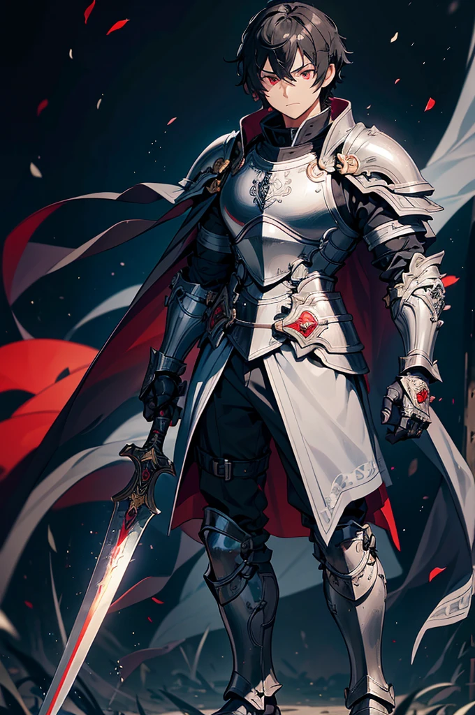 Black background with spotlight,　Full body painting、Young face、 male１people、（Short black hair, knight,Paladin,Gorgeous detailed armor dress, Gauntlet, Capelet, Shin guards,breastplate, cuff, Full Armor, Holding a long sword,Detailed hand、 Dark red eyes, bangs, Short Hair, Short, unkempt hair）