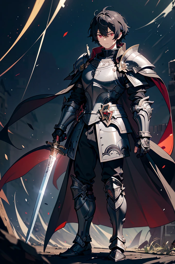 Black background with spotlight,　Full body painting、Young face、 male１people、（Short black hair, knight,Paladin,Gorgeous detailed armor dress, Gauntlet, Capelet, Shin guards,breastplate, cuff, Full Armor, Holding a long sword,Detailed hand、 Dark red eyes, bangs, Short Hair, Short, unkempt hair）