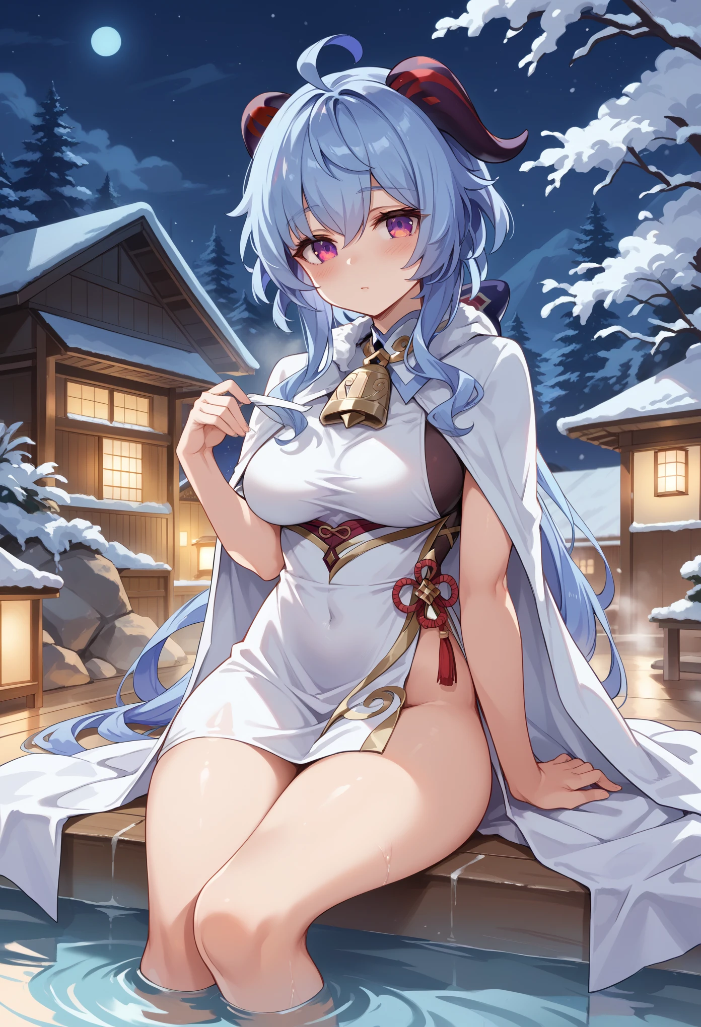 masterpiece,high resolution,Anime Art,Anime Numbers, 4k anime wallpaper,Soft lighting,Original God Ganyu,White gauze dress,White Cape,Hot spring pool,Sitting,Leg lift,blush,Horns on the head,Blue Hair,Gradient eyes,Squinting,Night Sky,Winter Snow