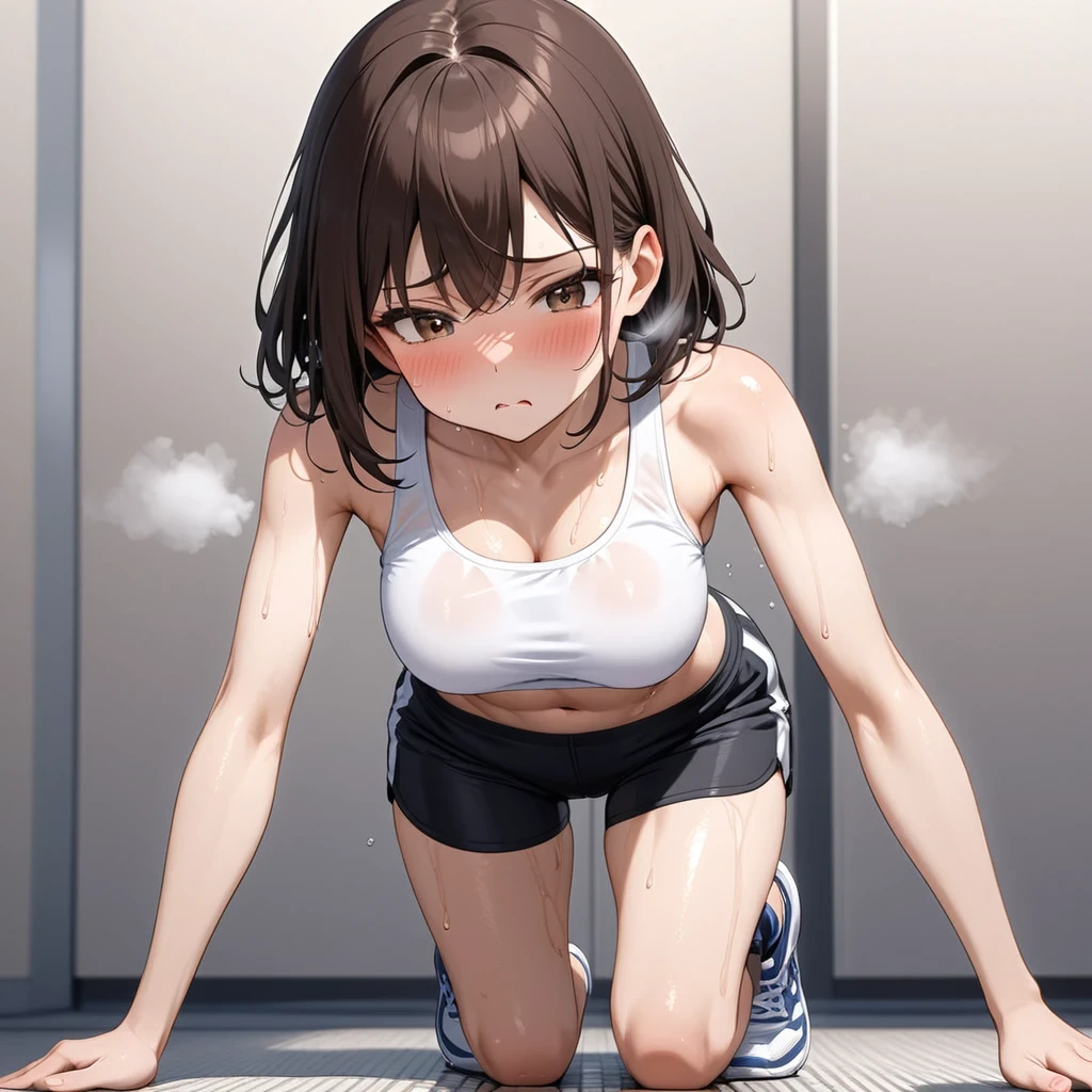 ((Browsing Caution))、Tabletop、High resolution、Highest quality、beautiful girl、Short black hair、Slim and model-like、whole body、((Gym、trainer))、((((Masturbation))))、((White T-shirt))、(((Squat)))、Big Breasts、(((Sweat)))、(((whole bodySweatでびしょ濡れ、steam、シャツの色がSweatで変わる)))、(((Sweat染み)))、(((Body odor、body odor)))、(((pussy、Love juice)))、No underwear、(((odor)))、Nipples become erect、((((Masturbation、Climax、Squirting))))、White sneakers、White socks、blush、Angle from below