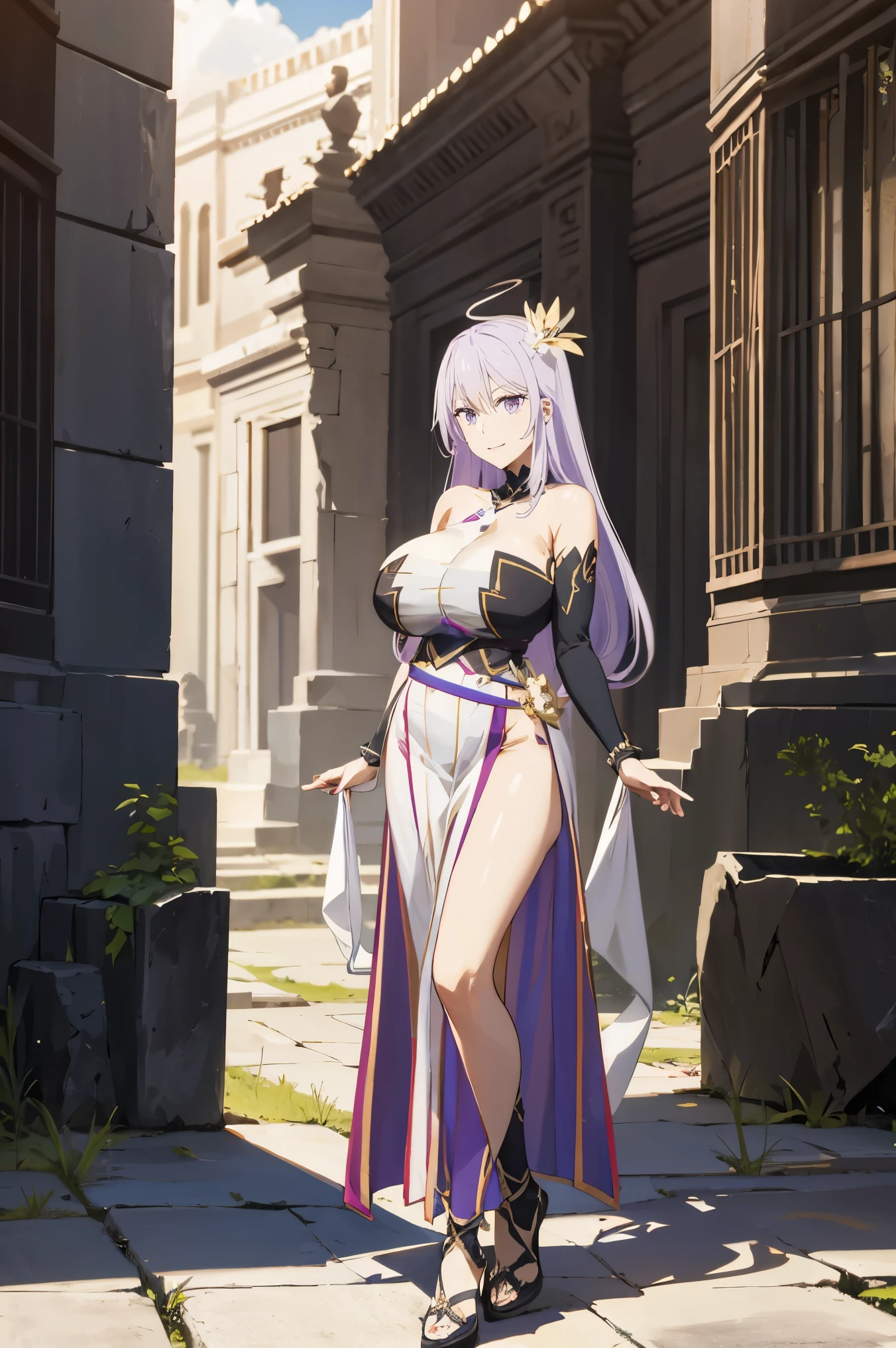 masterpiece, ((royal dressed)), ((wing)), halo, (best quality), (solo), 1girl, reona, silver hair, purple hair , (long skirt), long hair, purple eyes, sexy woman, hair between eyes, hair ornament, vibrant colors , natural lighting, RTX, (huge tits), (detailed face:1.2), (perfect eyes:1.1) ,(photorealistic:1.1), 8k uhd, looking a viewer, outdoors, simple backround, smile, (full body), standing pose, ((open legs), temple ruins, cleavage