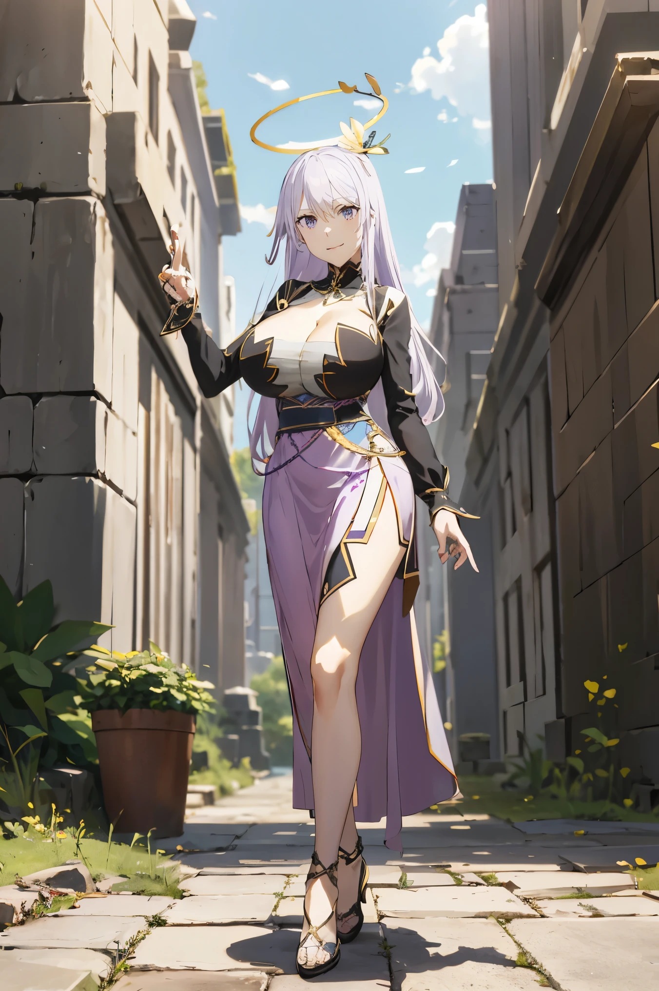 masterpiece, ((royal dressed)), ((wing)), halo, (best quality), (solo), 1girl, reona, silver hair, purple hair , (long skirt), long hair, purple eyes, sexy woman, hair between eyes, hair ornament, vibrant colors , natural lighting, RTX, (huge tits), (detailed face:1.2), (perfect eyes:1.1) ,(photorealistic:1.1), 8k uhd, looking a viewer, outdoors, simple backround, smile, (full body), standing pose, ((open legs), temple ruins, cleavage