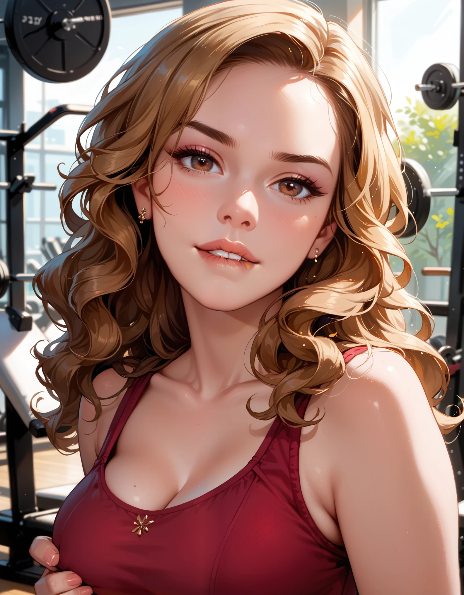 score_9, score_8_up, score_7_up, rating_questionable, epiCPhoto, 1girl, very sexy ((Hermione Ganger, cartoon of hrmgrgr, long wavy hair, light brown hair, brown eyes:1.1), beautiful waifu, burgundy yoga top, in gym, thicc, solo, cute, flirt, gaze, sexy look, (sultry look, biting bottom lip:1.3), (hand on breast, squeezing breast:1.2), half-closed eyes, head tilt, filled lips, thick lips, makeup, modelling shoot, sexy pose, face portrait, close-up.