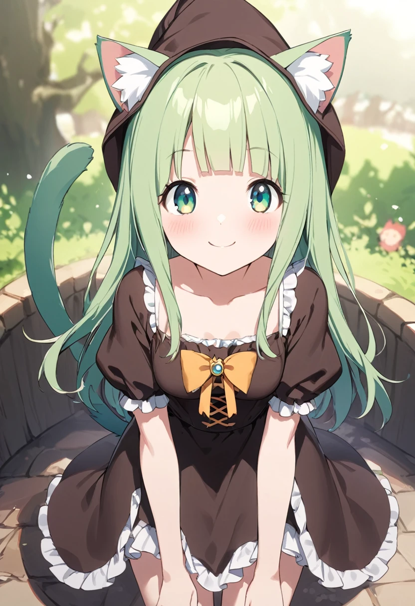 Young girl、Very cute、small、Firm breasts、Wizard Costume、Pale green hair、High Quality Backgrounds、Fairytale World、Cheerful attitude、Cat ears and tail、An innocent smile