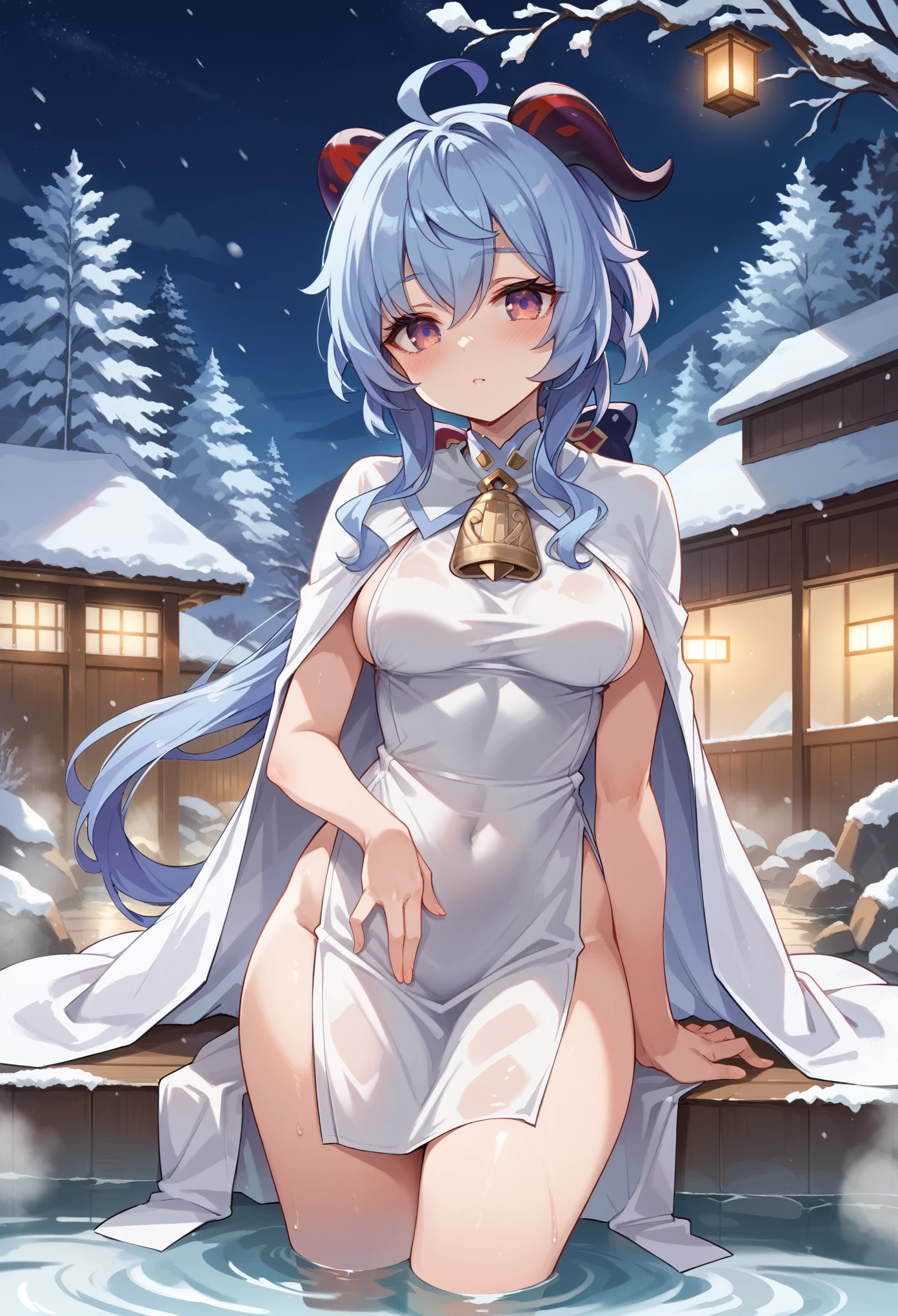 masterpiece，high resolution，Anime Art，Anime Numbers， 4k anime wallpaper，Soft lighting，Original God Ganyu，White gauze dress，White Cape，Hot spring pool，Standing，blush，Horns on the head，Blue Hair，Gradient eyes，Squinting，Night Sky，Winter Snow