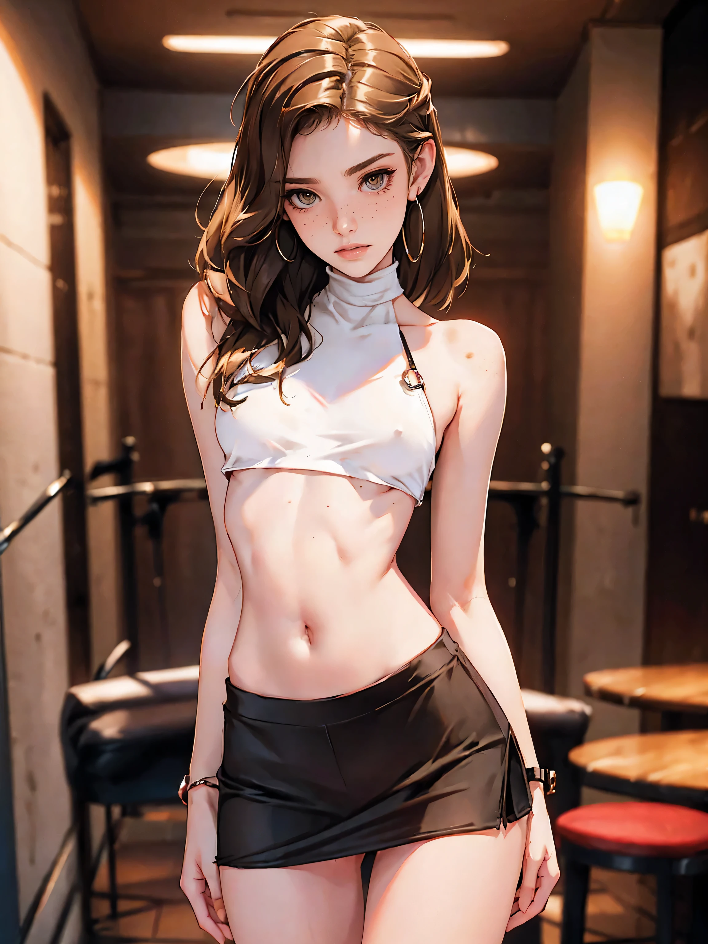 (masterpiece), best quality, expressive eyes, perfect face, nightclub background), (standing), (smirk), (closeup view), (1girl, blaire ivory,  brown hair ,slender figure, thin body, skinny body, petite_body, medium breasts, slim thighs, long fingernails, ,skirt , loose crop top, thong straps, hoop earrings, miscellaneous jewelry, slutty)), slim hips, freckles, makeup