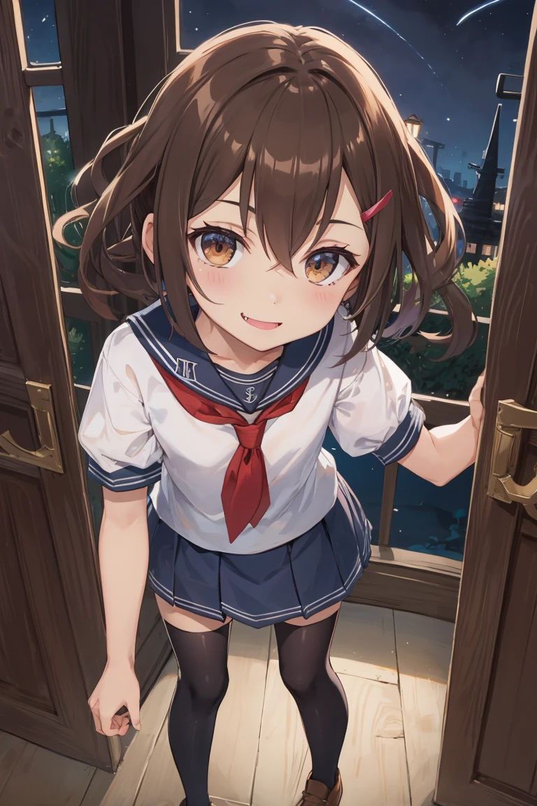 Portrait, official art, best masterpiece, best quality, best resolution, 8K, best detailed, perfect anatomy, From above
BREAK
standing, leaning forward, Looking up
BREAK
ikazuchi, fang, hairclip, school uniform, serafuku, skirt, thighhighs, (small chest, child_like build, short stature:1.2), 1small girl, solo
BREAK
smile, bashful
BREAK
bedroom, (night, midnight, darkness:1.3), very fine and detailed 16KCG wallpapers