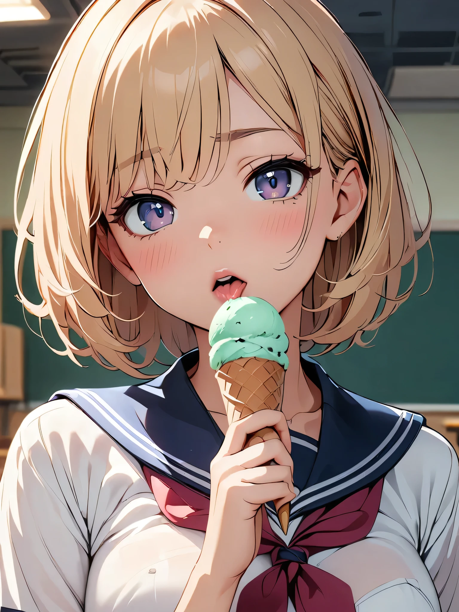 beautiful woman, JK, Sailor suit, masterpiece:1,2, Highest quality, 8K Animation, ((Thin fingers, Accurate Fingers:Thumb 1４)), holding a icecream, School classroom background, 1 girl, alone, brown wolf cut, View your viewers:1.2, licking ice-cream, Open your mouth and suck, Glossy Lips, blush,Looking up:1.2, focus on lips, Face Up Shot