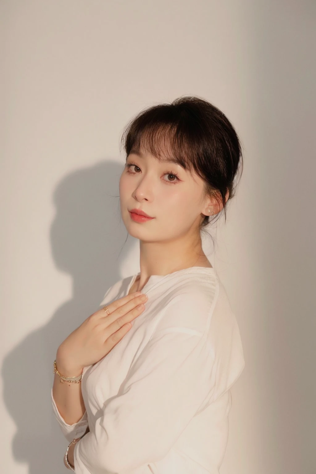 "Model , white background, elegant pose, clean and minimalistic, high contract, focus, lighting, portrait orientation, modern fashion photography style."