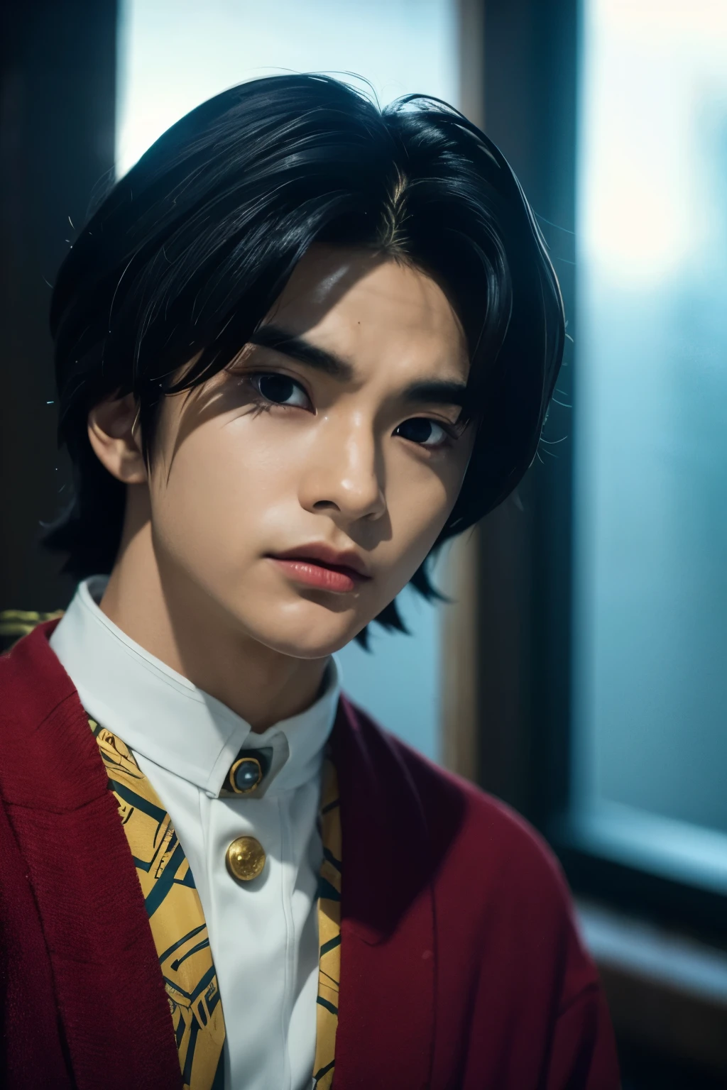 a young handsome boy, giyu tomioka, demon slayer movie, film still, live action 1989, dark fantasy, detailed dramatic portrait, intense lighting, warm color tones, dramatic chiaroscuro lighting, cinematic composition, detailed facial features, piercing eyes, sharp jawline, detailed clothing textures, heavy detailed shading, masterpiece, hyper detailed, 8k, photorealistic, cinematic lighting