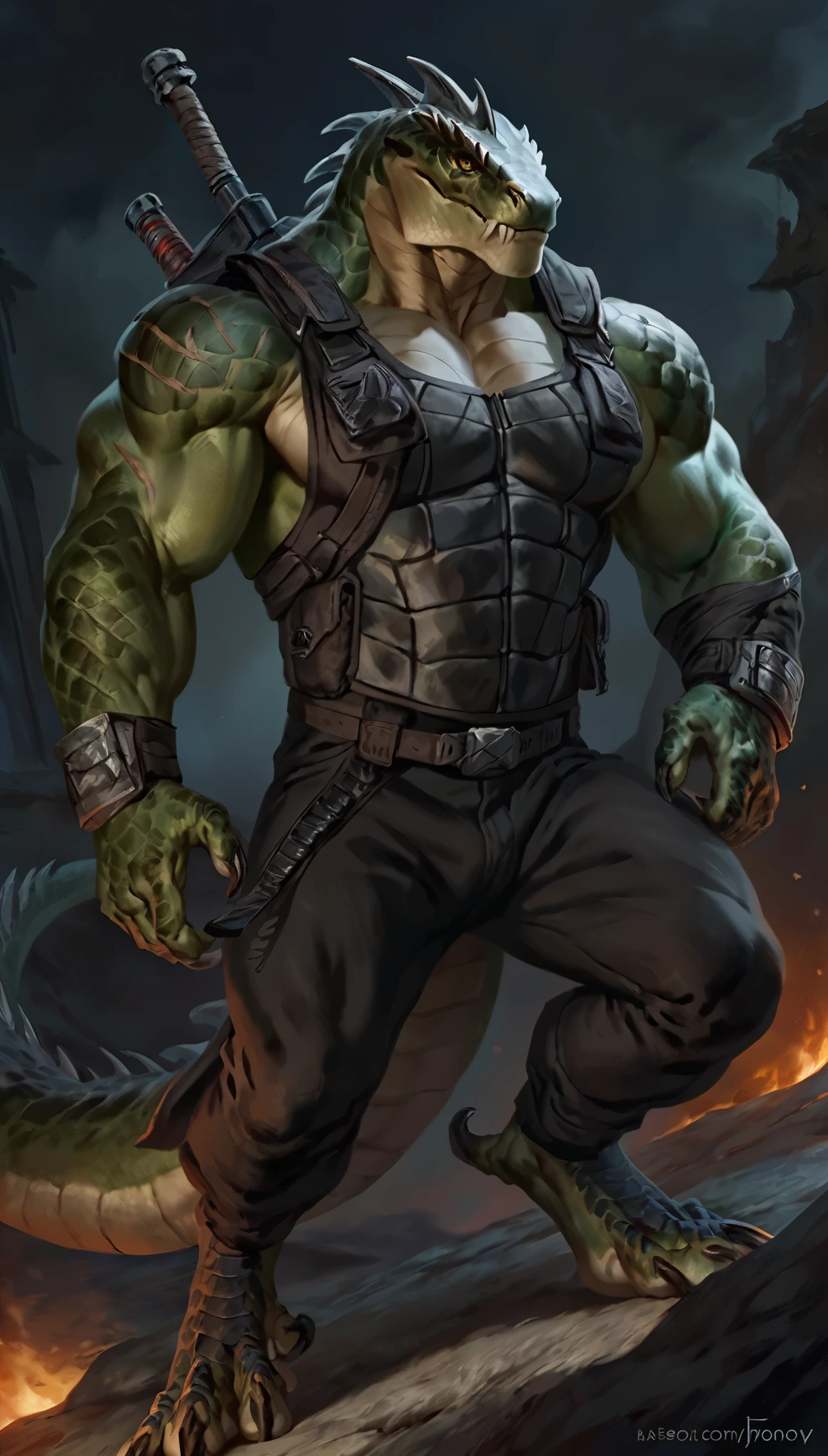 Muscular monster lizardfolk, solo, pants, mercenary, dark green body, body made of steel, strong, transparent vest, metallic scales, black belly, scars on body, 1male solo, anthro, muscular, wide back, small waist, thick tail, thick scales on the shoulders, marked jaw, pecs, big pecs, pants, full body, comicbook style, night time,  best quality, 4k, ultra-detailed, by laobai, by taran fiddler, by honovy, by null-ghost, by thebigslick