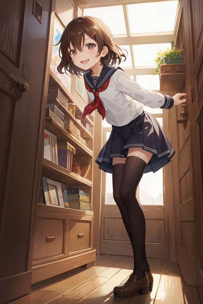 Portrait, official art, best masterpiece, best quality, best resolution, 8K, best detailed, perfect anatomy, From below, dynamic pose, Dutch Angle
BREAK
standing, leaning forward, Looking down
BREAK
ikazuchi, dark brown hair, fang, hairclip, school uniform, serafuku, skirt, thighhighs, (small chest, child_like build, short stature:1.2), 1small girl, solo
BREAK
smile, bashful
BREAK
indoor, room, (Morning, mid-morning:1.3), very fine and detailed 16KCG wallpapers