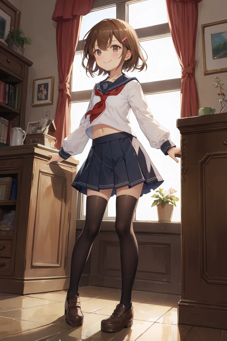 Portrait, official art, best masterpiece, best quality, best resolution, 8K, best detailed, perfect anatomy, From below, dynamic pose, Dutch Angle
BREAK
standing, leaning forward, Looking down
BREAK
ikazuchi, dark brown hair, fang, hairclip, school uniform, serafuku, skirt, thighhighs, (small chest, child_like build, short stature:1.2), 1small girl, solo
BREAK
smile, bashful
BREAK
indoor, room, (Morning, mid-morning:1.3), very fine and detailed 16KCG wallpapers