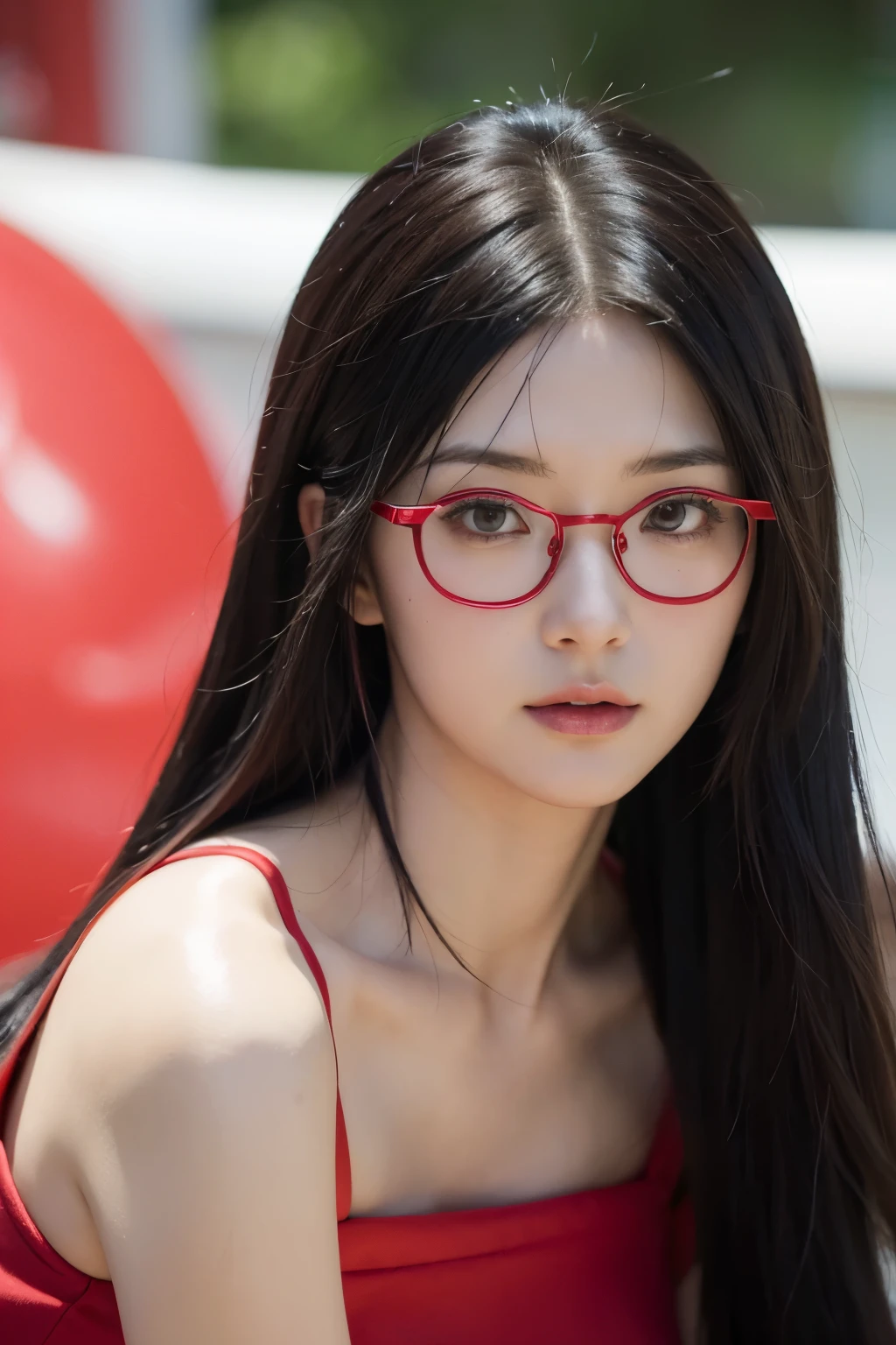 female, fair, amazing face and eyes, cosmetics, red glossy lips, (Extremely detailed fair face), (The sexiest look), (sweatshirt), (best quality), (very detailed), (very detailed CG 통합 8k 벽지),original photo, professional photography, (permanent), (pure white background),(black hair),(big eyes),(soft light source),(a little cleavage),(shorts),(red underwear)，gold glasses