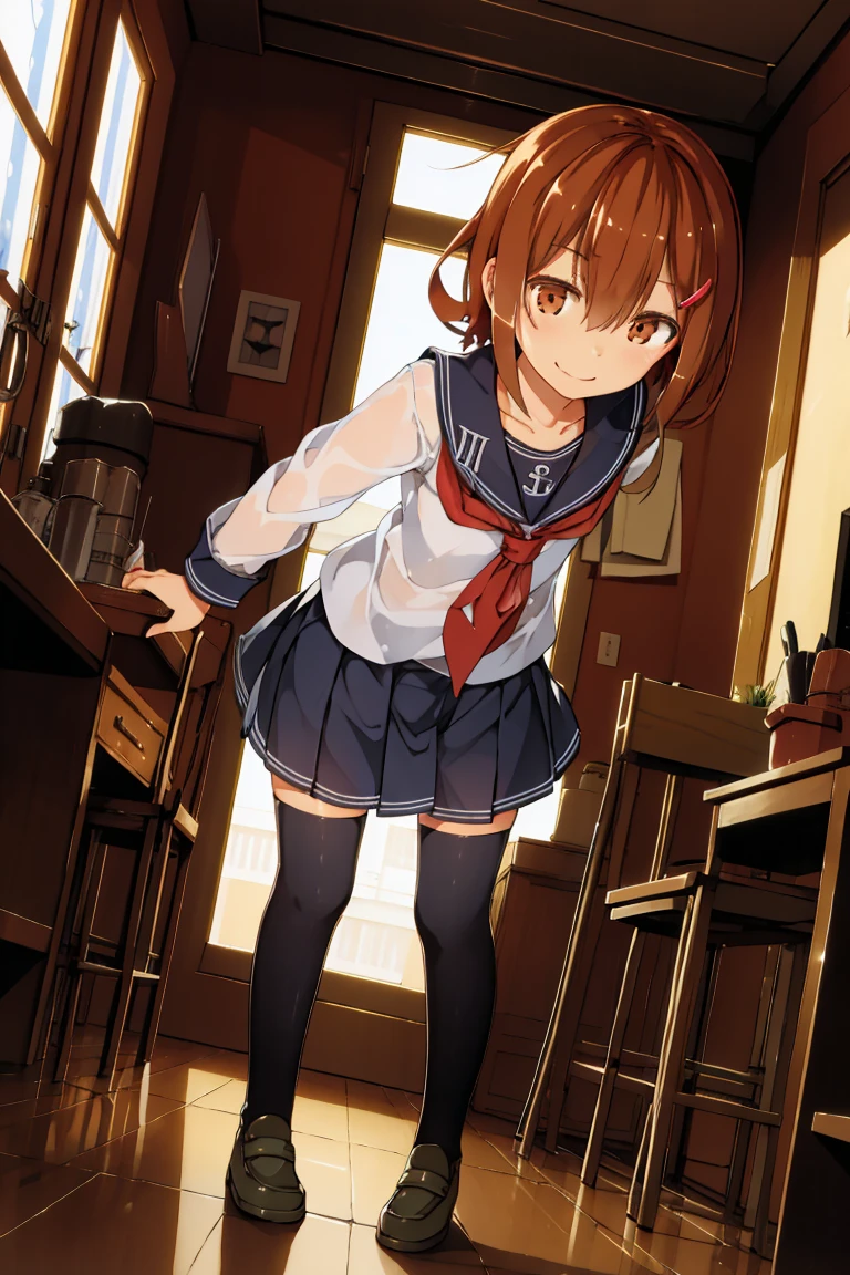 Portrait, official art, best masterpiece, best quality, best resolution, 8K, best detailed, perfect anatomy, From below, dynamic pose, Dutch Angle
BREAK
standing, leaning forward, Looking down
BREAK
ikazuchi, dark brown hair, fang, hairclip, school uniform, serafuku, skirt, thighhighs, (small chest, child_like build, short stature:1.2), 1small girl, solo
BREAK
smile, bashful
BREAK
indoor, room, (Morning, mid-morning:1.3), very fine and detailed 16KCG wallpapers