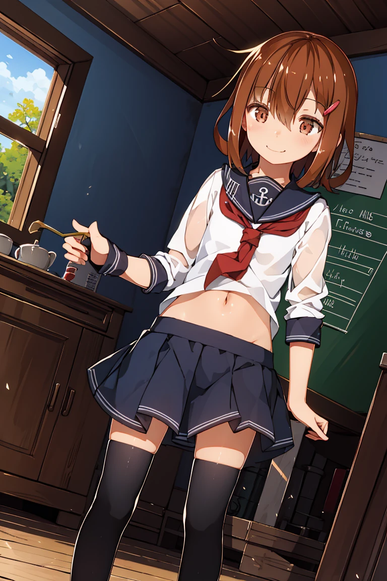 Portrait, official art, best masterpiece, best quality, best resolution, 8K, best detailed, perfect anatomy, From below, dynamic pose, Dutch Angle
BREAK
standing, leaning forward, Looking down
BREAK
ikazuchi, dark brown hair, fang, hairclip, school uniform, serafuku, skirt, thighhighs, (small chest, child_like build, short stature:1.2), 1small girl, solo
BREAK
smile, bashful
BREAK
indoor, room, (Morning, mid-morning:1.3), very fine and detailed 16KCG wallpapers