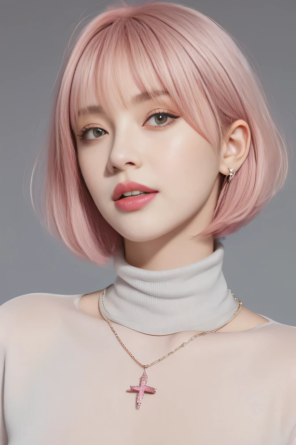 bellissima,  1girl, solo, short hair, bangs, simple background, jewelry, pink hair, parted lips, teeth, grey background, necklace, lips, eyelashes, turtleneck, looking up, portrait, realistic, nose