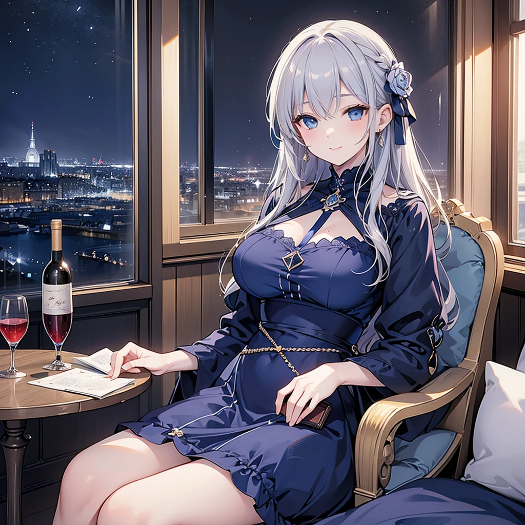 ((Highest quality)), ((masterpiece)) 、One woman, masterpiece, (High resolution), original, extremely detailed 8K , (Photorealistic:1.4),blue eyes ,Symmetrical body type,smile, Medieval European style street、night dark blue dress、smile, blondes, Large Breasts, Gray Hair、city、Sitting in a chair、Luxurious Room、Very luxurious chair、sitting in front、Book placed on thigh、Crossing your legs、Very deep slit、Night view from the window、Wine on the table、((1 person))