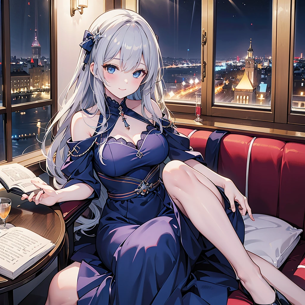 ((Highest quality)), ((masterpiece)) 、One woman, masterpiece, (High resolution), original, extremely detailed 8K , (Photorealistic:1.4),blue eyes ,Symmetrical body type,smile, Medieval European style street、night dark blue dress、smile, blondes, Large Breasts, Gray Hair、city、Sitting in a chair、Luxurious Room、Very luxurious chair、sitting in front、Book placed on thigh、Crossing your legs、Very deep slit、Night view from the window、Wine on the table、((1 person))