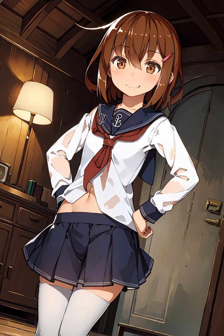 Portrait, official art, best masterpiece, best quality, best resolution, 8K, best detailed, perfect anatomy, From below, dynamic pose, Dutch Angle
BREAK
cowboy shot, Hands on hips, standing, leaning forward, Looking down
BREAK
ikazuchi, dark brown hair, fang, hairclip, school uniform, serafuku, skirt, thighhighs, (small chest, child_like build, short stature:1.2), 1small girl, solo
BREAK
smile, bashful
BREAK
indoor, bedroom, (Morning, mid-morning:1.3), very fine and detailed 16KCG wallpapers