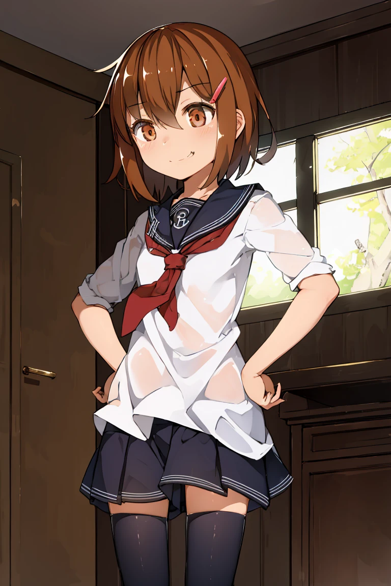 Portrait, official art, best masterpiece, best quality, best resolution, 8K, best detailed, perfect anatomy, From below, dynamic pose, Dutch Angle
BREAK
cowboy shot, Hands on hips, standing, leaning forward, Looking down
BREAK
ikazuchi, dark brown hair, fang, hairclip, school uniform, serafuku, skirt, thighhighs, (small chest, child_like build, short stature:1.2), 1small girl, solo
BREAK
smile, bashful
BREAK
indoor, bedroom, (Morning, mid-morning:1.3), very fine and detailed 16KCG wallpapers