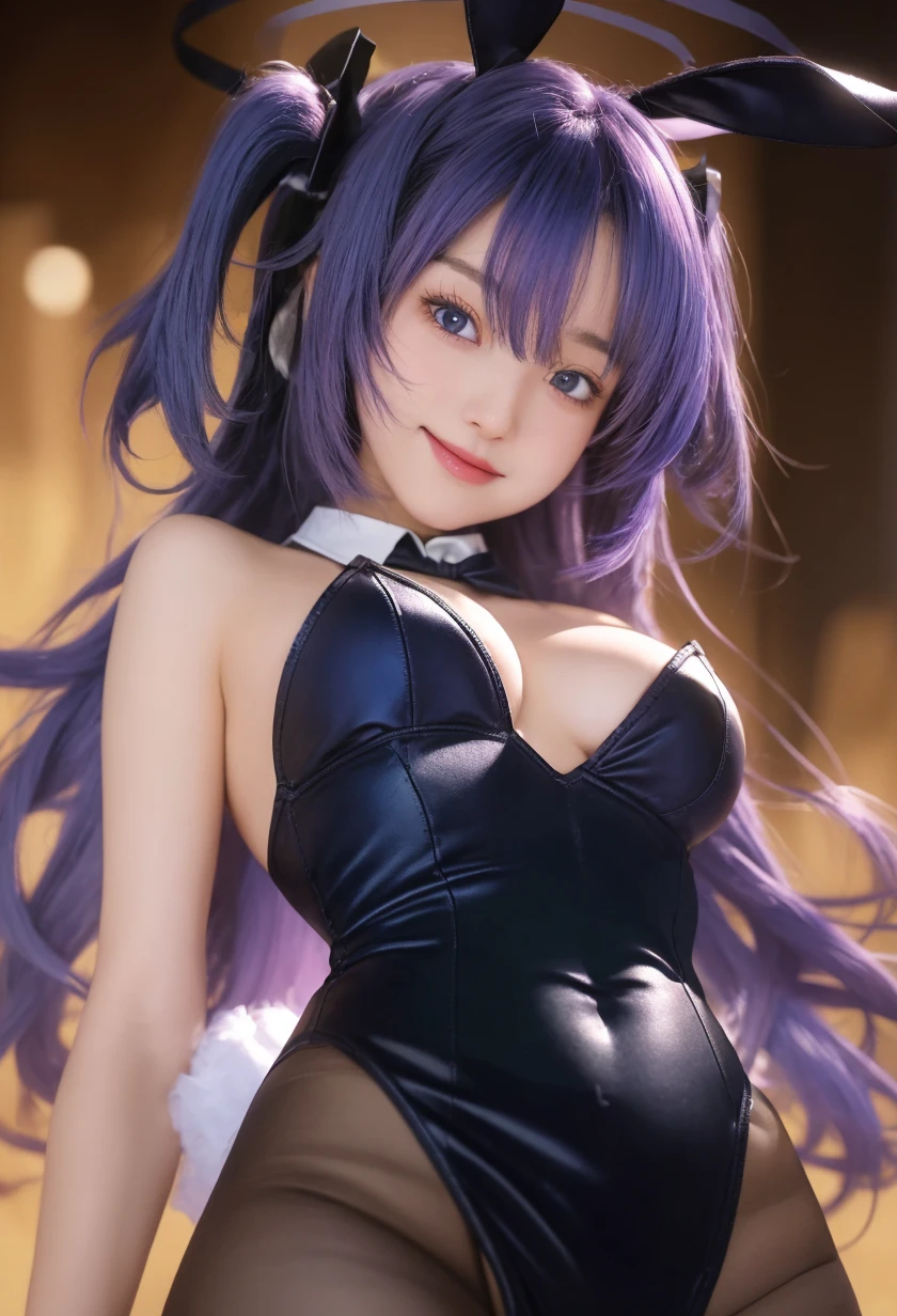 Black hair, long eyelasher, Fake animal ears, Light smile, Fang, Purple hair, Black hair, pony tails, double tails, Very long hair, widow peak, Hair ribbon, maid headdress, mouth veil, Earphone, flowers in head, Heart-shaped pupils, aqua eyes, Purple eyes, Pink eyes, Fox ears, Cat ears, grin, Naughty face, Light blush, chin grab, shadowing, stereograms, tachi-e, Atmospheric perspective, hyper photorealism, 8K, Super detail, ccurate, Best quality, A high resolution, High quality, Anatomically correct, 巨作, A beautyful girl,crisp breasts,cleavage,slender leg,Big breasts Thin waist,White flowers