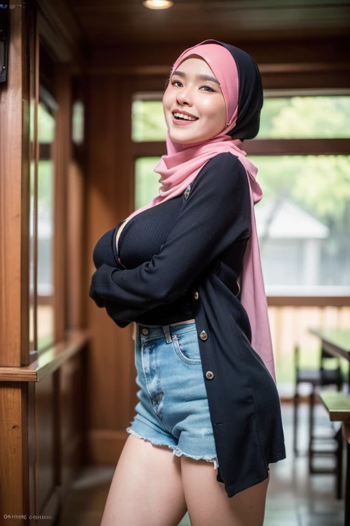 (8k, (RAW photo:1.2), (photorealistic:1.3), realistic, photorealistic, best quality, depth of field, ultra high res, masterpiece, chromatic aberration:1.1), (looking at viewer:1.21), (woman wearing hijab), breasts, thighs,  uniform, closed eye, open mouth, bag, hug, , selfie, smile