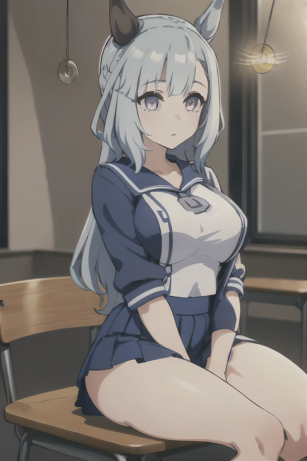 ((White-eye Aldan \(Uma Musume\))), (masterpiece:1.2, Best Quality), 8k, High resolution, Very detailed:1.3, (CG), (Beautiful face), (Turquoise long hair:1.5), (Detailed ears:1.5), (Earrings 1.5), (One Girl:1.5), (whole body:1.7), (Full Shot:1.7), masterpiece, 1girl, thighs, sitting, chair, (coin on a string:1.5), (one pendulum:1.5), (girl under hypnosis:1.5), (mind control:1.5), (look at pendulum coin:1.5), (pendulum hypnosis:1.5), (Arms between legs;1.7), (School classroom:1.4), (mouth open sloppily:1.2), (expressionless:1.5), (Pendulum before her eyes.:1.7), (no pupils:1.5), (glowing eyes:1.5), (Navy blue sailor suit:1.5), (mini skirt:1.5), (Lace panties:1.1), (Turquoise Panties:1.1),  (cleavage)