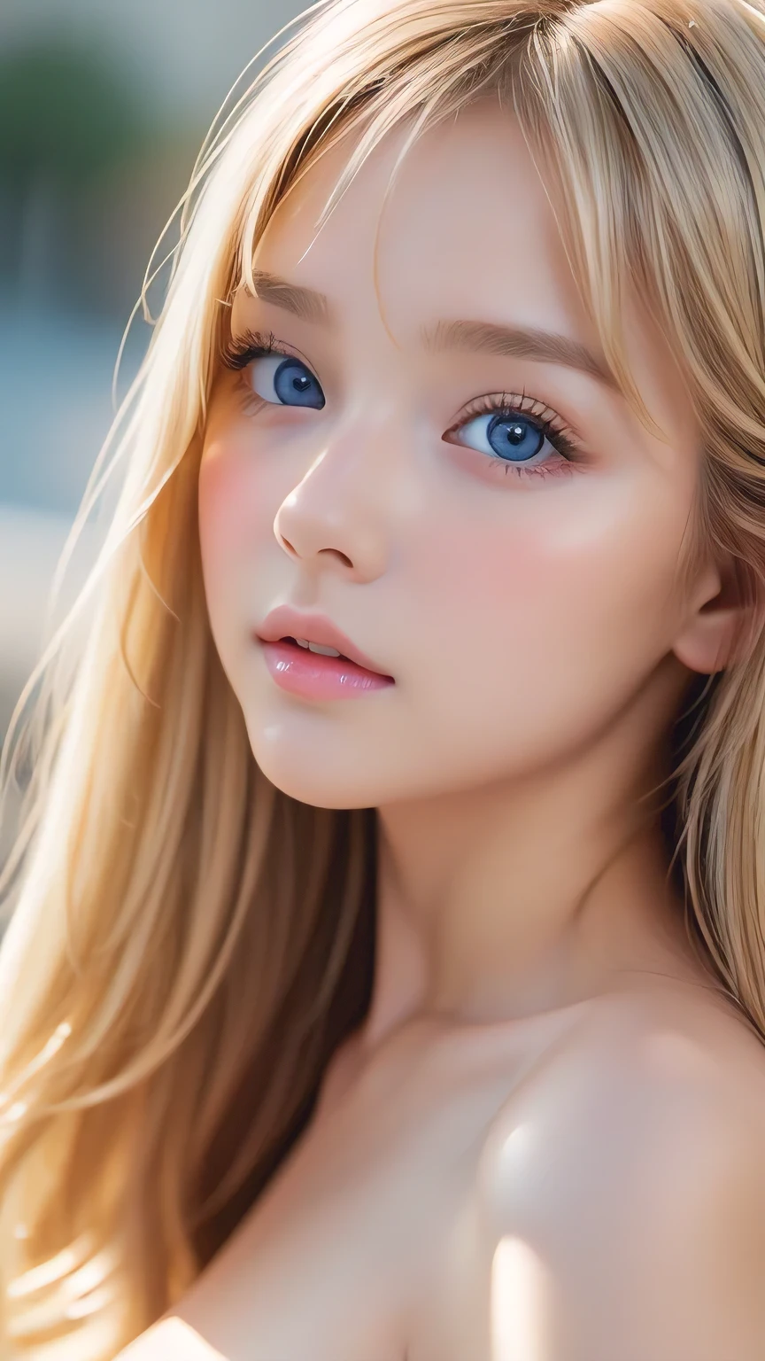 Best Quality、masterpiece、(Realistic:1.4)、One very beautiful blonde girl、Dazzlingly long blonde hair、Beautiful bangs、、Very beautiful, large, shining, extremely bright light blue eyes、front、Very cute baby face with detailed face、Beautiful very light eyes、Small Face Beauty、 beautiful girl、Cheek gloss highlight、round face