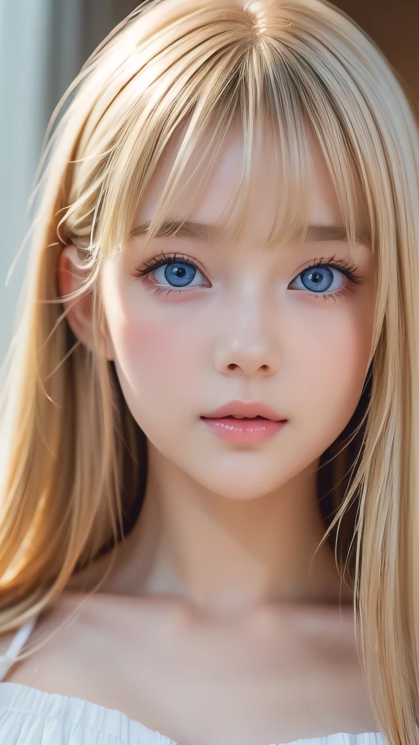 Best Quality、masterpiece、(Realistic:1.4)、One very beautiful blonde girl、Dazzlingly long blonde hair、Beautiful bangs、、Very beautiful, large, shining, extremely bright light blue eyes、front、Very cute  with detailed face、Beautiful very light eyes、Small Face Beauty、 beautiful girl、Cheek gloss highlight、round face