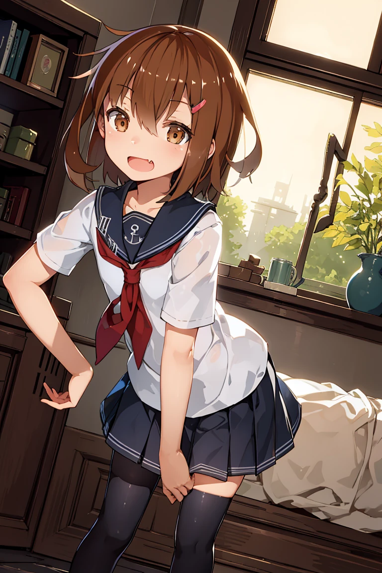 Portrait, official art, best masterpiece, best quality, best resolution, 8K, best detailed, perfect anatomy, From below, dynamic pose, Dutch Angle
BREAK
Bust up shot, Hands on hips, standing, leaning forward, Looking down
BREAK
ikazuchi, dark brown hair, fang, hairclip, school uniform, serafuku, skirt, thighhighs, (small chest, child_like build, short stature:1.2), 1small girl, solo
BREAK
smile, open mouth
BREAK
indoor, bedroom, (Morning, mid-morning:1.3), very fine and detailed 16KCG wallpapers