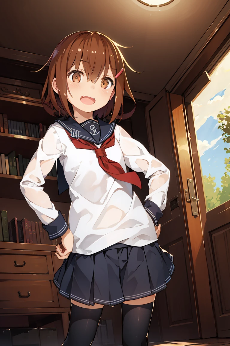 Portrait, official art, best masterpiece, best quality, best resolution, 8K, best detailed, perfect anatomy, From below, dynamic pose, Dutch Angle
BREAK
Bust up shot, Hands on hips, standing, leaning forward, Looking down
BREAK
ikazuchi, dark brown hair, fang, hairclip, school uniform, serafuku, skirt, thighhighs, (small chest, child_like build, short stature:1.2), 1small girl, solo
BREAK
smile, open mouth
BREAK
indoor, bedroom, (Morning, mid-morning:1.3), very fine and detailed 16KCG wallpapers