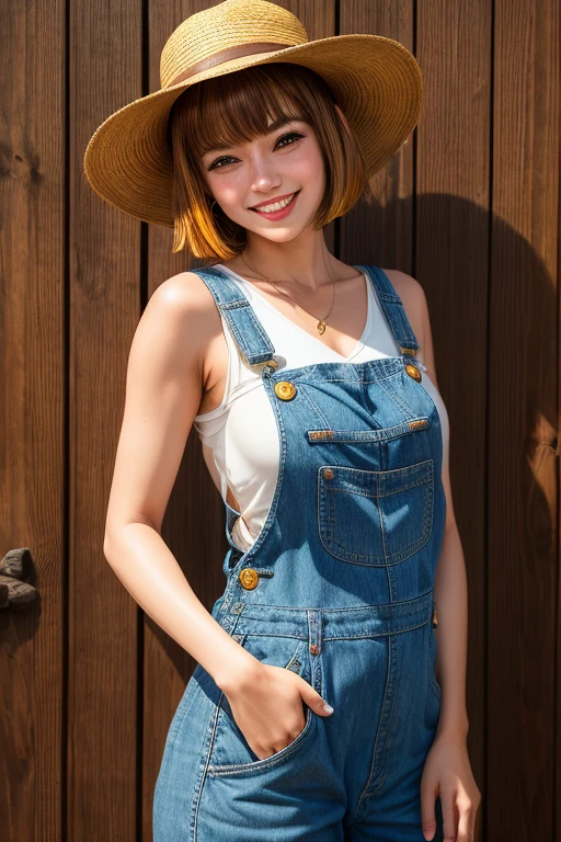 masterpiece, Highest quality, Very detailed, sexly, On the Farm,Wearing a big straw hat、Naked and in overalls,Japanese women、Baby Face、round face、light makeup、Sweaty、(Please show me your whole body),((Raise dairy cows)),((Sweaty)),smile,(((During farm work))),((後ろ姿))