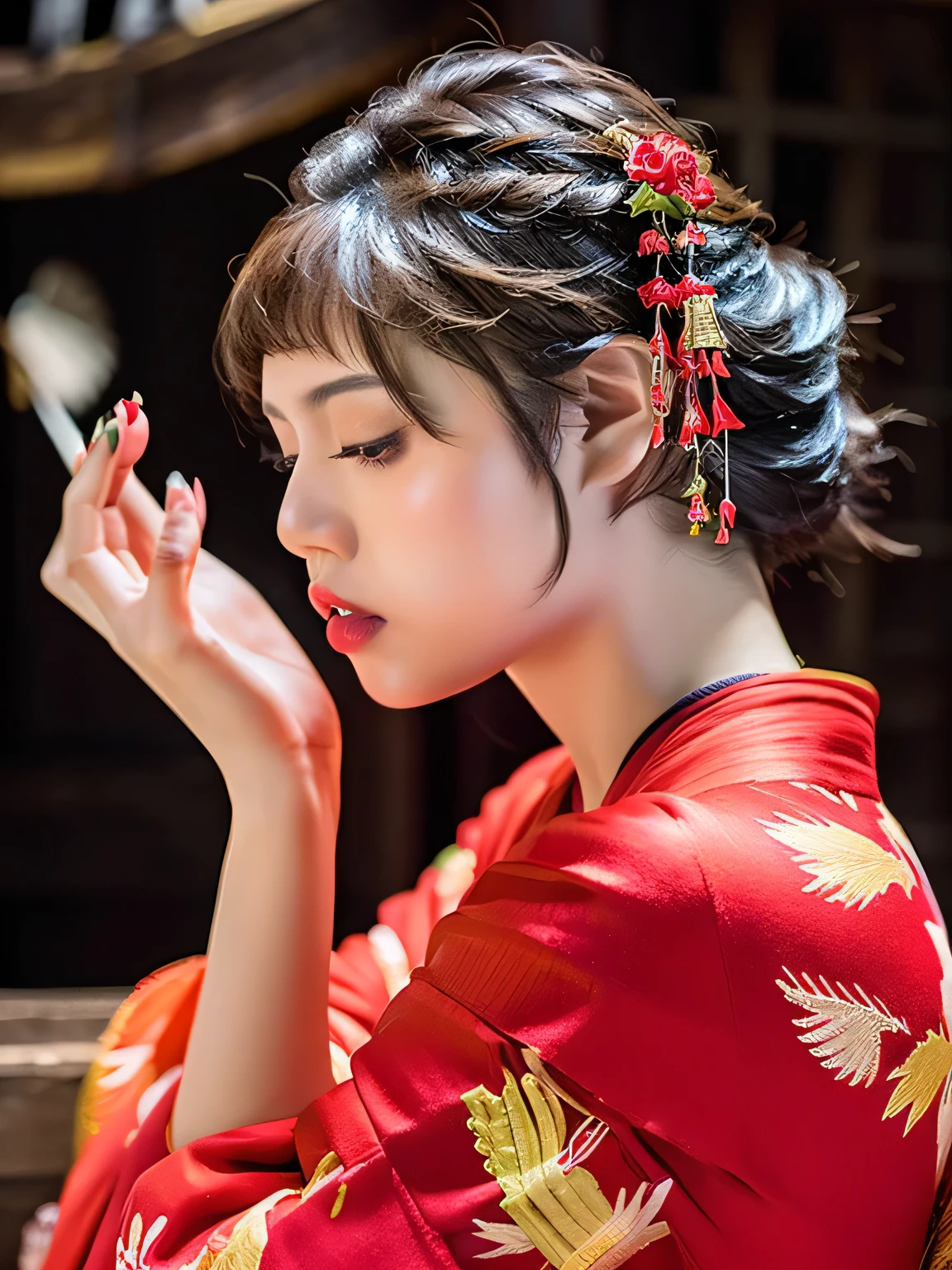 One Girl,The girl is standing with her eyes closed,profile,The angle is from the side, showing the girl from her head to her knees.(kimono, 黒いkimono, Floral, プリントkimono,),The background is a midnight shrine,(RAW Photos, Best Quality), (Realistic, Photorealistic:1.4), masterpiece, Extremely delicate and beautiful, Very detailed, 2k wallpaper, wonderful, Finely detailed, Extremely Detailed CG Unity 8K Wallpaper, Very detailed, High resolution, Soft Light, Beautiful detailed girl, Very detailed目と顔, Beautiful detailed nose, Beautiful detailed eyes,Cinematic lighting,Starry Sky,Perfect Anatomy,Slender body,