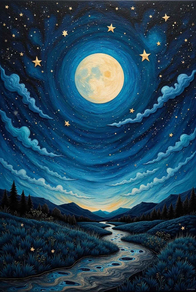 (masterpiece, best quality:1.2), Landscape painting of the night sky with moon and stars,handmade style