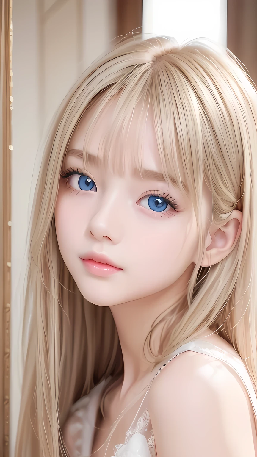 Best Quality、masterpiece、(Realistic:1.4)、One very beautiful blonde girl、Dazzlingly long blonde hair、Beautiful bangs、、Very beautiful, large, shining, extremely bright light blue eyes、front、Very cute baby face with detailed face、Beautiful very light eyes、Small Face Beauty、 beautiful girl、Cheek gloss highlight、round face