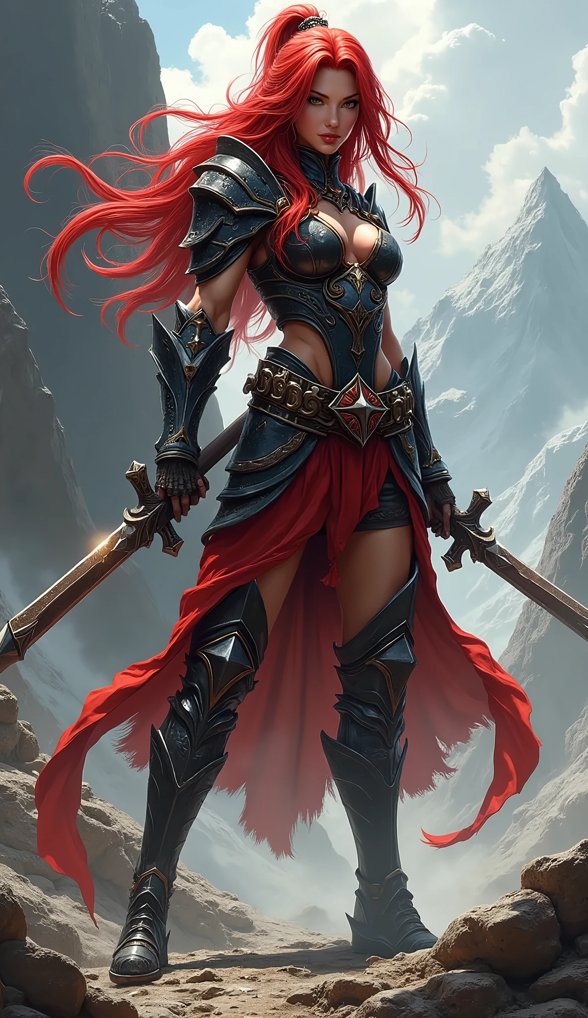 Mavuika from genshin impact, add more armour to look like a warrior, less revealing clothing, glowing red hair, claymore weapon, with pants