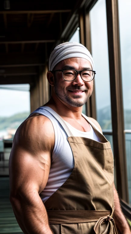 An award-winning original photo, A musclebear man, Japanese man, ((fisherman)), (30 years old daddy: 1.1), 1 man, Solo, white headband, (brown apron),  musculature, strong physique, bald, hairy arms, chubby and stout, stubbles (Detailed body), realistic eyes, (glasses), smiling, looking at viewer, lighting (Best quality, high resolution, Photorealistic), Cinematic lighting, Masterpiece, RAW photo, Intricate details, hdr, depth of field, upper body and face shot (realistic: 1.4), (from the front), pier in the background, daylight