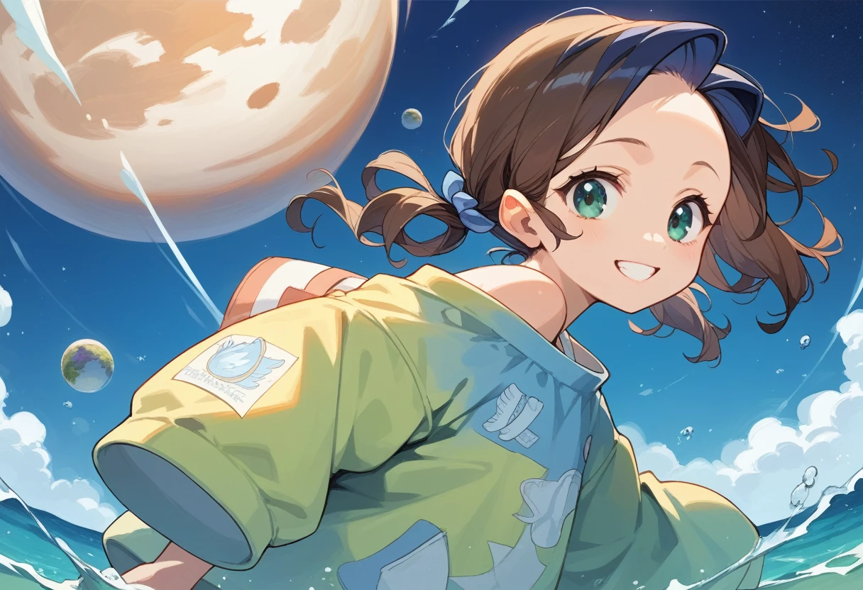 8k, (score_9, score_8_up, score_7_up), best quality, masterpiece, source_anime, space, milky way, 1girl solo, oversized jersey, smile, brown hair, very short low twin tails, swimming the crawl