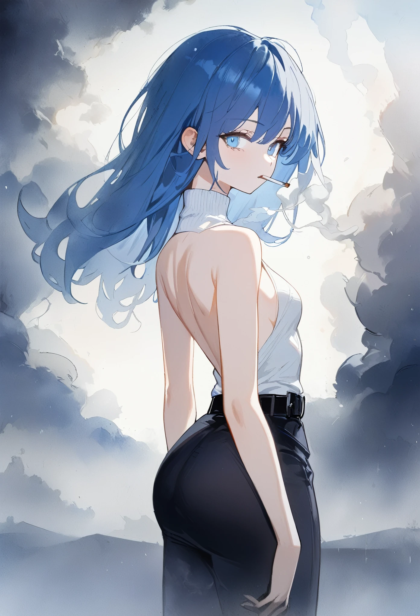 1 girl,alone, [(blue Hair:0.9):(white:1.1):0.4],From front,arrow eyes,(smoking:1.4),(mist),blue eyes, Cowboy Shot,looking viewer,White turtleneck sweater, black slacks, black belt,bare back,bare arm</input></xml>,dawn,Gloomy sky,masterpiece,highest quality, Midnight,Dark Background,Destructive trends