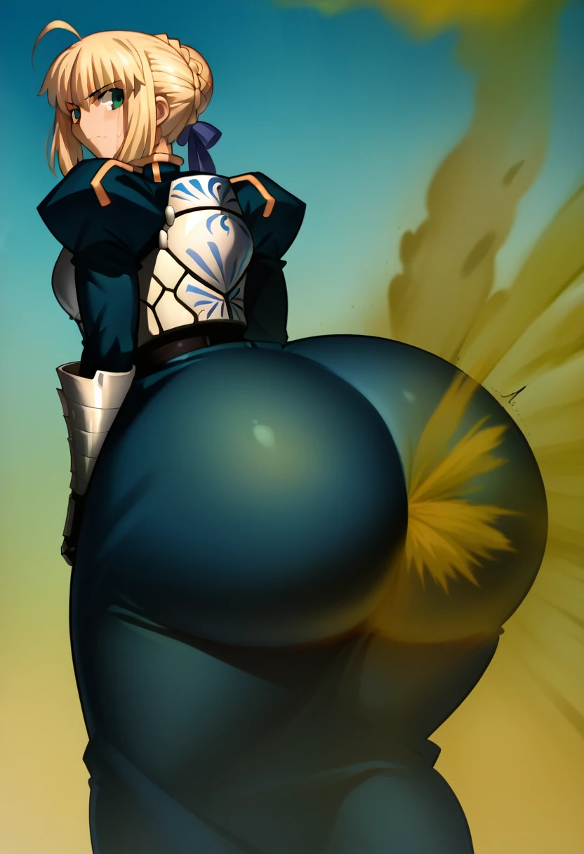 Highest quality, masterpiece, High Resolution, 1 girl, artoria pendragon, artoria pendragon \(fate\), saber, blonde hair, green eyes, ahoge, sidelocks, Ass, hyper Ass, huge Ass, big ass, wide hip,  ass focus, gigantic ass, thick thighs, massive thighs, fart, farting, yellow_smoke, yellow_gas, sprays, hair bun, single hair bun, braid, dress, ribbon, hair ribbon, armor, gauntlets, armored dress,