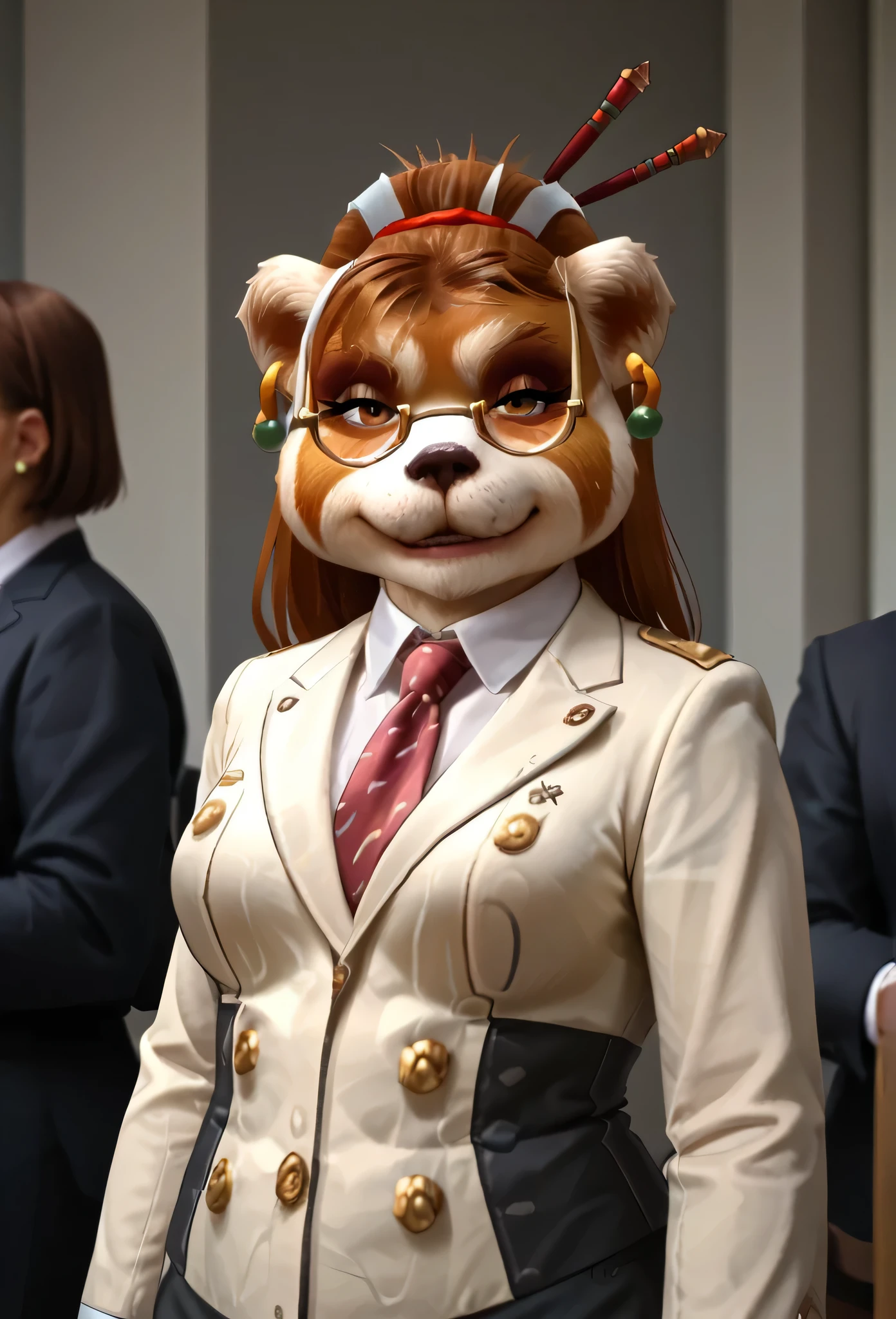 score_9, score_8_up, score_7_up, score_6_up, score_5_up, score_4_up, 1girl, breasts, furry, animal ears, brown hair, brown eyes, earrings, jewelry, hair ornament, glasses, hair stick, double-breasted suits, three-piece suit, cream waistcoat, open jacket, double-breasted waistcoat, 1girl, formal, jewelry, suit, maroon polka dot necktie, cream jacket, light pink shirt with white collar, cream jacket, shirt, makeup, smirt, smug, cufflinks, looking at viewer, close up, office background, portrait