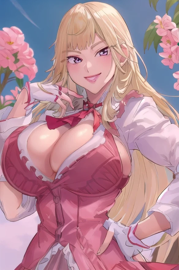 best quality, masterpiece, emilie_t8, pink frilled dress, frilled ascot, fingerless gloves, hand on hip, looking at viewer, upper body, sky, flowers,smile,gigantic breasts,thic body,underboobs,giant boobs,boobs bigger than head