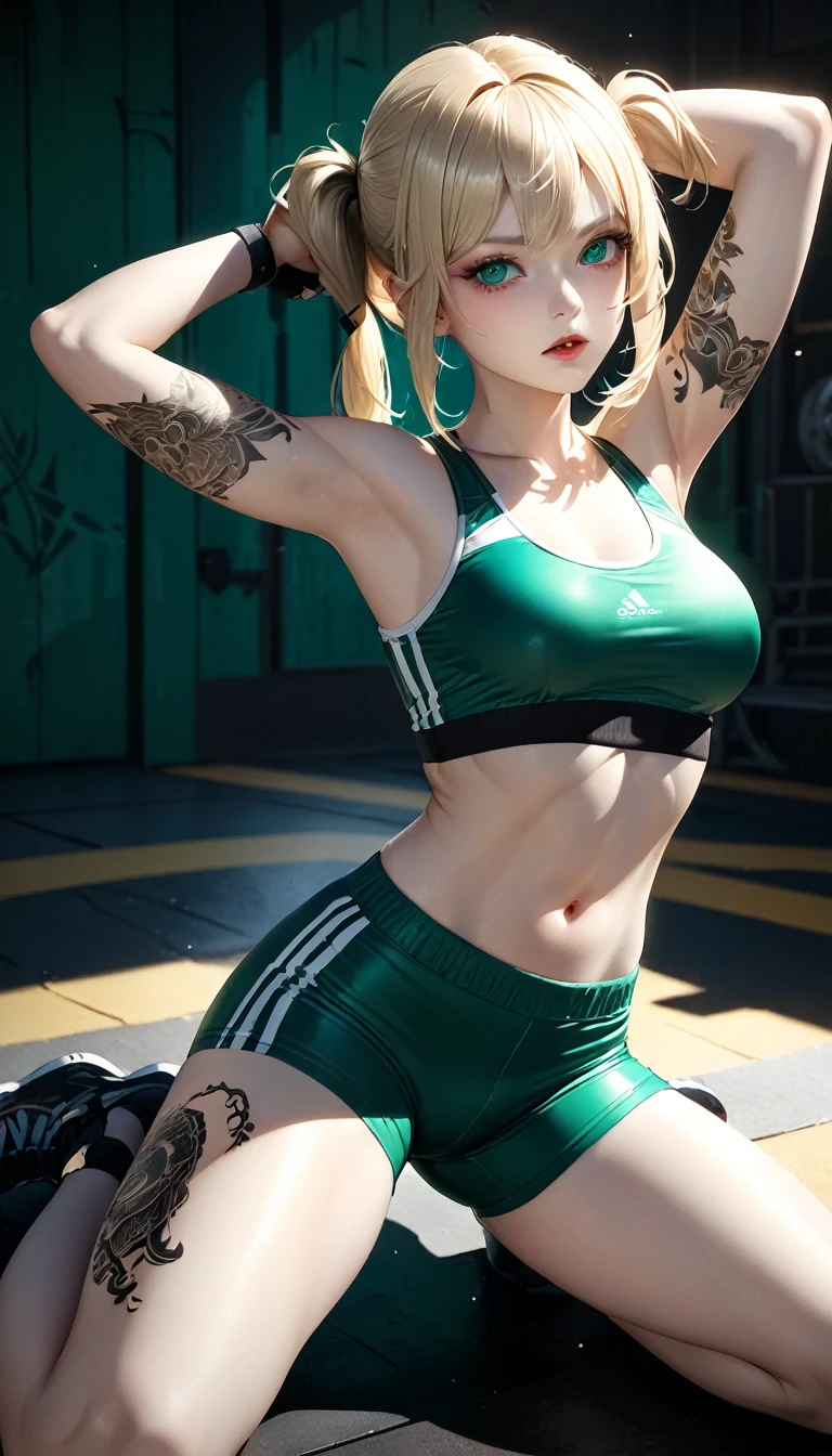 8K, Top Quality, Intricate Details, Ultra Detail, Ultra High Resolution, Masterpiece, close up shot, (full body: 1.1), Slender, Smile, (Makeup: 0.4), ,(( straight punch, boxing , punching))(Fluffy purple Eyes: 1.21), (()), 1girl, solo, 1 girl, ((green hair, bangs, high ponytail)), close up shot, , ((tall)), (((fit body))), (((slim face))), sharp face, (()) ,(detailed face), sharp face, small lips, , ,(( straight punch, boxing , punching)) ,, ,
((, )), , ((naked)), detailed face, detailed breast, , detail nipples ,detailed hands , detailed fingers, Narrow Waist, Skinny, tall , 190 cm tall, Muscular, Navel, Exposed Abdomen, Pointed Chest,, Beautiful girl with accentuated slender abs: 1.4, Six Pack Abs: 1.4, , Perfect Body, detail legs, (( dark background)), black background,