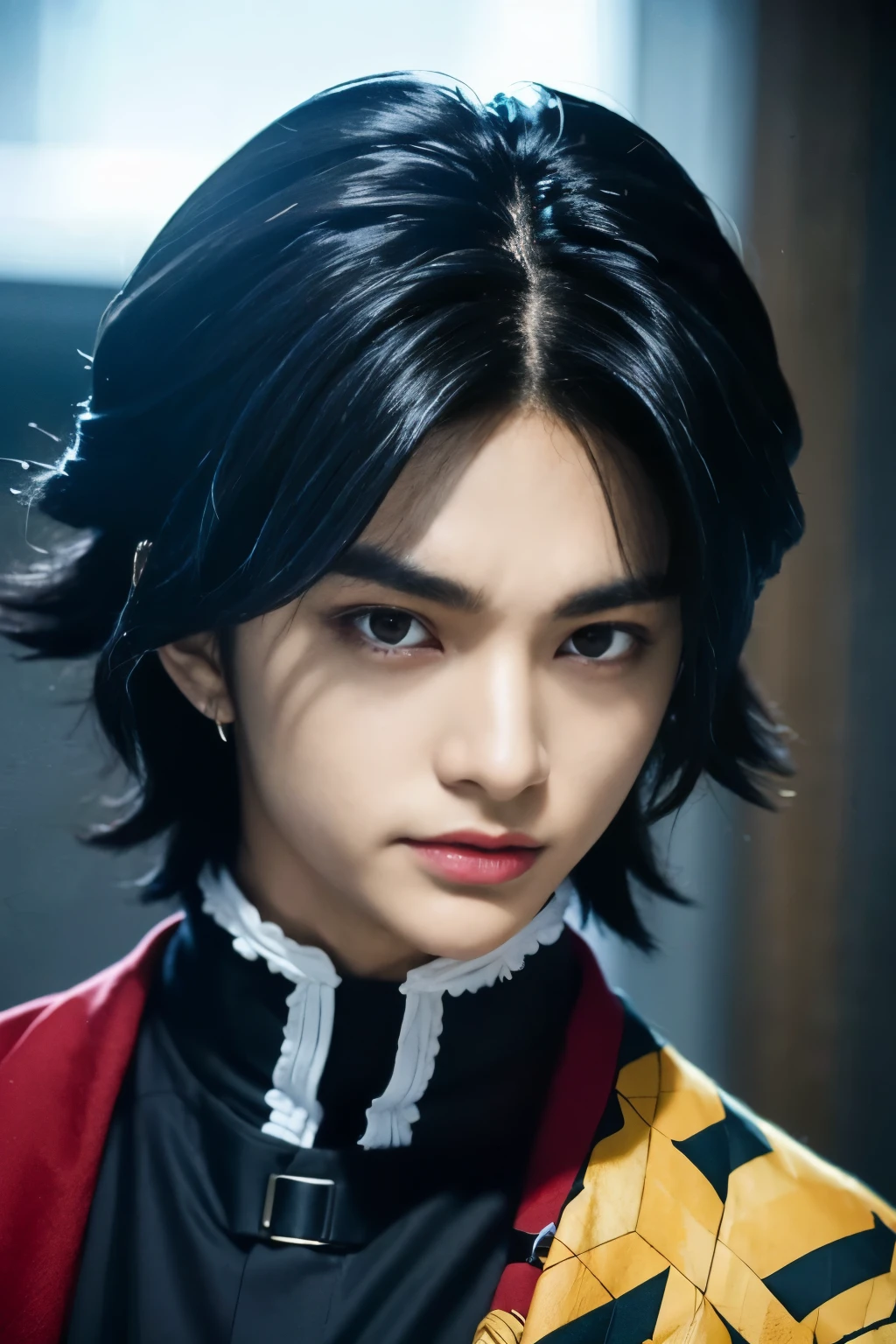 a young handsome boy, giyu tomioka, demon slayer movie, film still, live action 1989, dark fantasy, detailed dramatic portrait, dramatic chiaroscuro lighting, cinematic composition, detailed facial features, piercing eyes, sharp jawline, detailed clothing textures, heavy detailed shading, masterpiece, hyper detailed, 8k, photorealistic, cinematic lighting