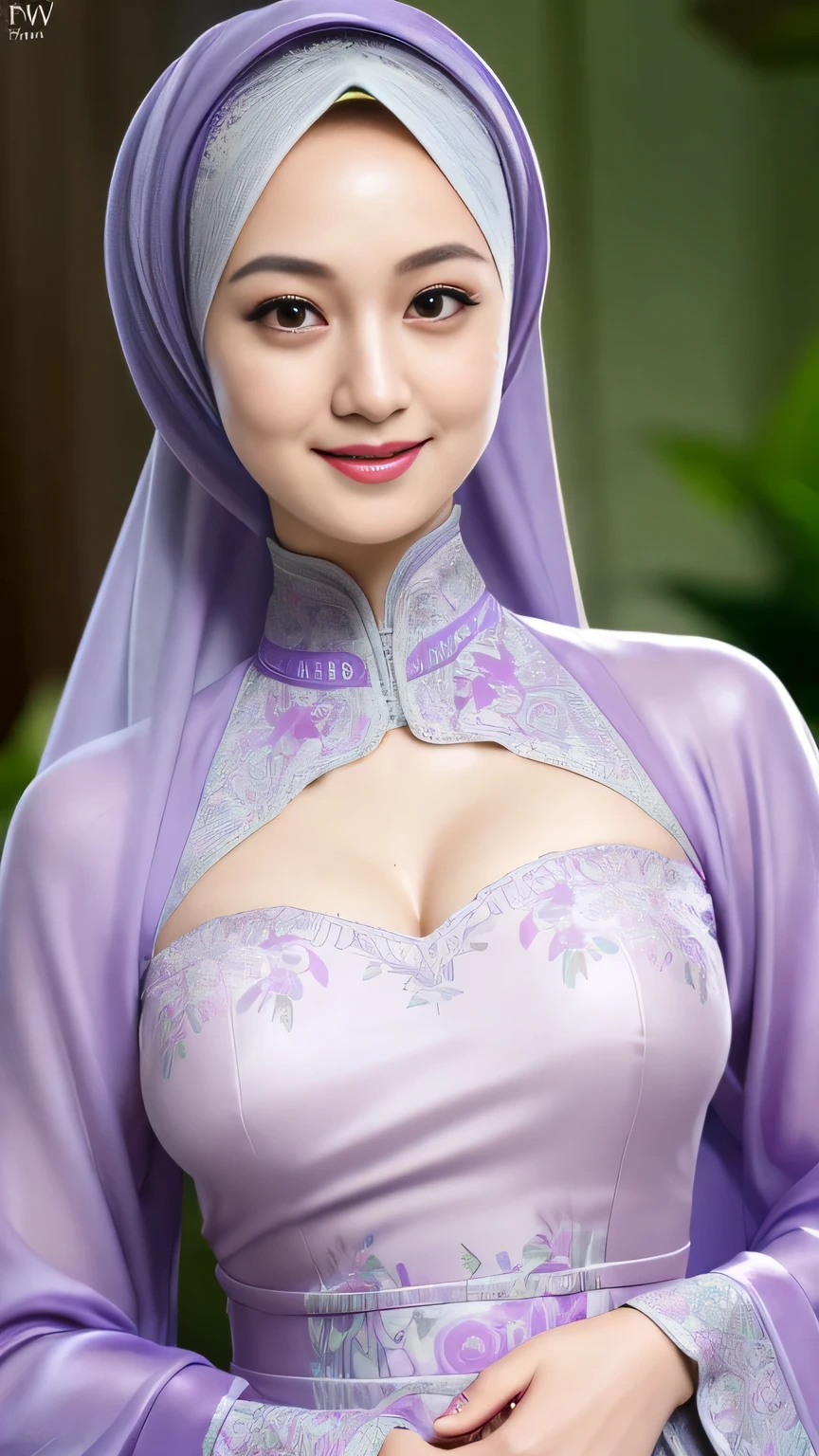 Luna Maya, slim faces, (RAW photo:1.2), (photorealistic:1.4),(masterpiece:1.3),(best quality:1.4),ultra high res,(detailed eyes),(detailed facial features),(detailed clothes features),HDR,8k resolution, skin tight, (((high detailed skin,visible pores))), dreamlike, (ulzzang-6500-v1.1:0.5),pureerosface_v1:0.2, face close-up, 1 girl, tall body, slim faces, body abs:1.2, , 30 years old, gigantic breast, wearing tight close beie pastel floral silk malay gamis with hijab, full body, beautiful shy smile, wearing high heels