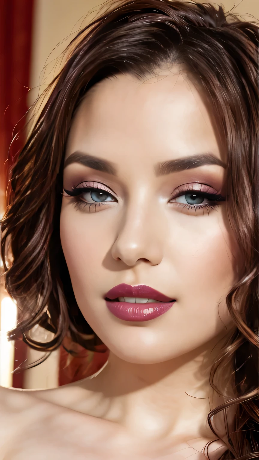 instagram photo, closeup face photo of 20 y.o nude, naked, beautiful nude, purple Lipstick, sensual Lipstick, Sensational Make Up, white skin, pale skin, (smile:0.4), hard shadow, bright lighting