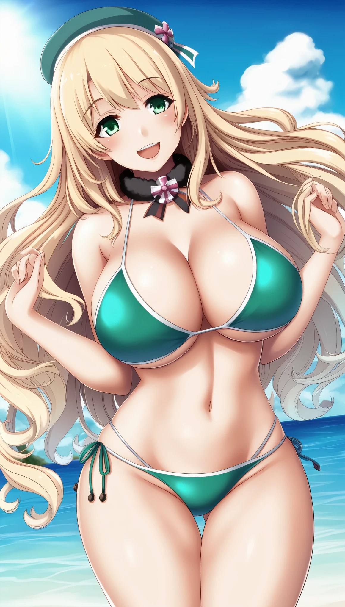 (masterpiece), (Best Quality), (Super detailed) (Very delicate and beautiful)　Kantai Collection_Atago　atago \(kancolle\)　1 person　Blonde　Long Hair　Green Eyes　Beret　(Bikini Swimwear)　(Big Breasts)　coastal　summer　Splash　Dynamic　Very smiling