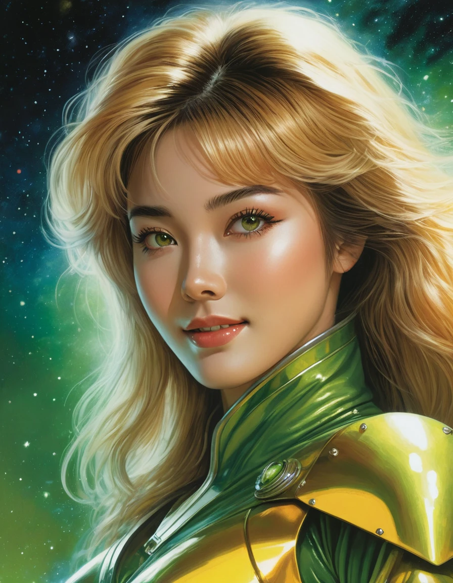 a close up of a woman in a green and yellow costume, heavy metal comic cover art, barbarella, ash thorp, official art, panoramic widescreen view, megadeth, matte coloring, 1970s, syndicate(2012), psionic, nebula, by Juan Giménez, 1 9 7 0 s  , face lighting, bright backlight, high resolution, best quality, Photos, 4k, (Realistic:1.2),1girl, smile, beautiful girl, (best quality,4k,8k,highres,masterpiece:1.2), ultra-detailed, studio lighting, ultra-fine painting, sharp focus, physically-based rendering, extreme detail description, professional, vivid colors, fantasy, More Reasonable Details, ulzzang, ImgFixerPre0.3